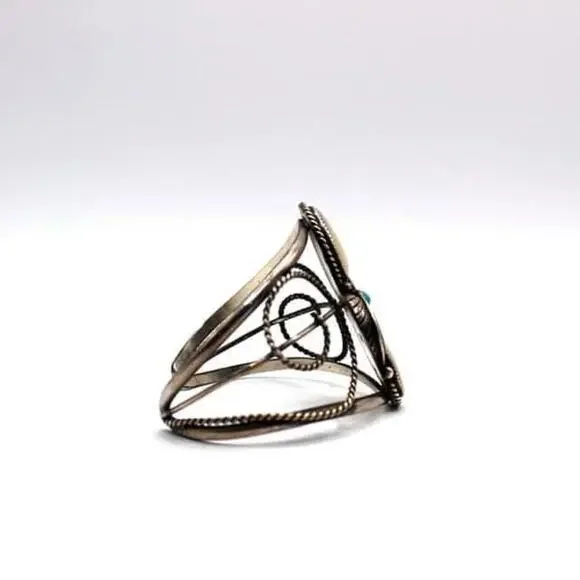 Albert Yazzie Sterling Silver Mother of Pearl with Turquoise Cabochon Cuff Brace - Picture 6 of 8